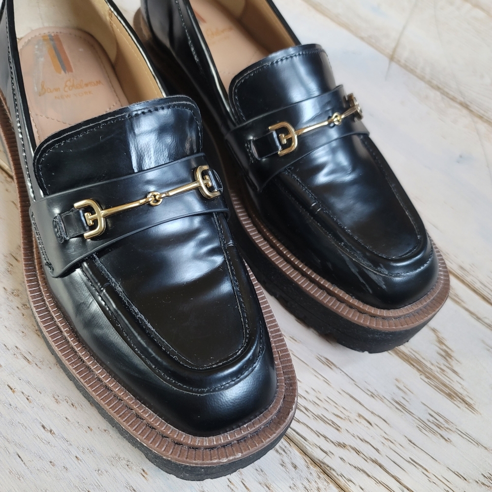 Sam Edelman Laurs Black Patent Platform Lug Sole Loafers 7.5 Gold Buckle - Picture 7 of 14
